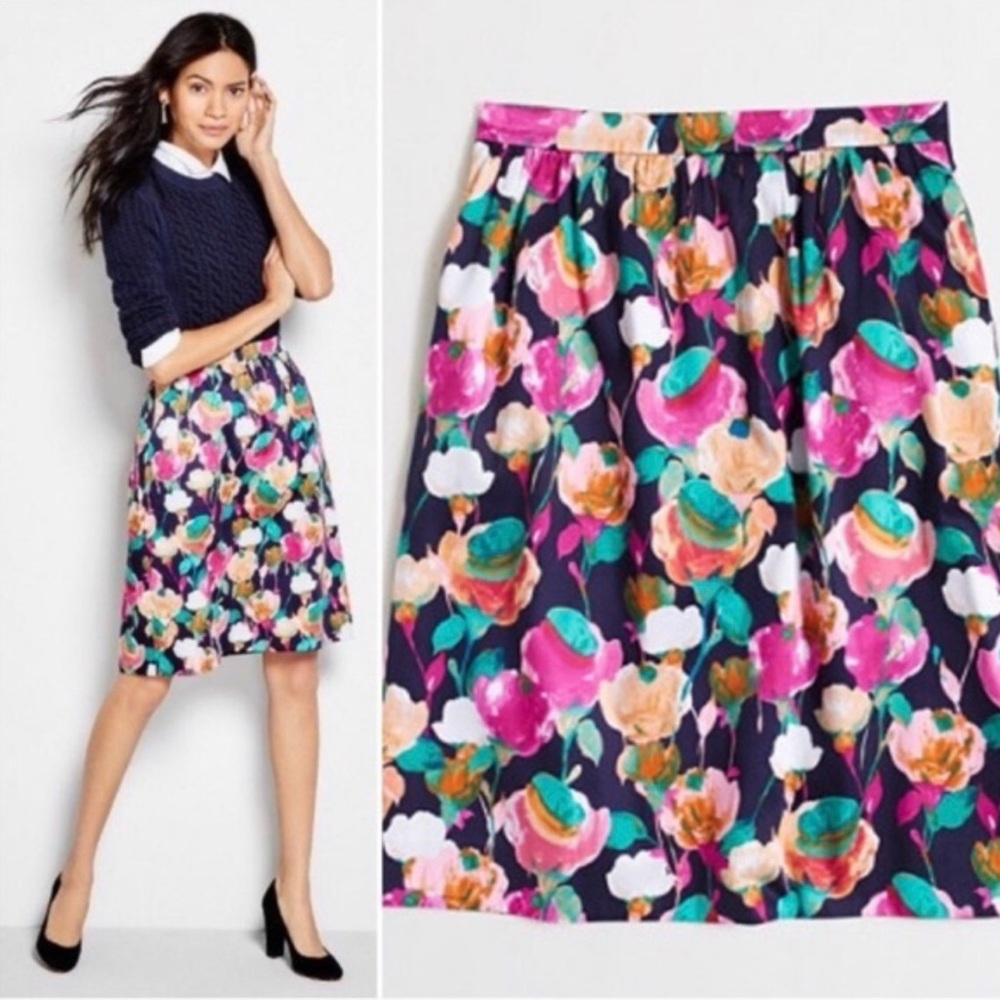 J. Crew Factory Navy Floral A-Line Skirt with Pink, Green & Peach Blooms
